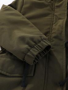 SHEIN 年輕女孩抽繩腰貼身披衣,內裏有毛絨絨的連帽外套 - 軍綠色 - 查看 5