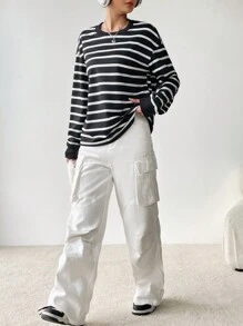 SHEIN EZwear Striped Print Drop Shoulder Sweatshirt Graduation,Back To School Outfits,Graduation,Teacher Outfits For Women,Back To School In Fall/Winter - Black and White - View 4