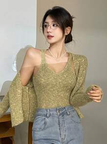 DAZY Atasan Rajut Cardigan & Cami Lengan Panjang Polos - Hijau - View 1