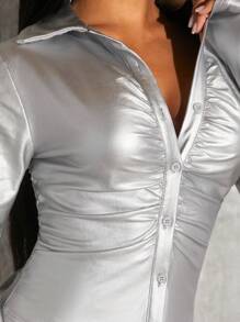 SHEIN SXY Ruched Button Front Metallic Shirt - Silver - View 5