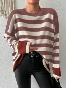 EURMUSE 女式圓領條紋垂墜肩寬鬆毛衣 - 乾枯玫瑰色 - 查看 5