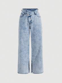 SHEIN MOD 不對稱腰帶下擺開叉闊腿牛仔褲