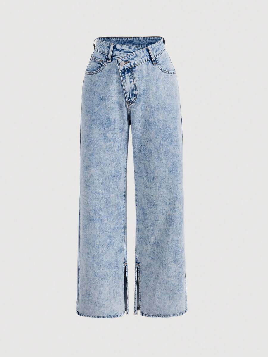 SHEIN MOD 不對稱腰帶下擺開叉闊腿牛仔褲