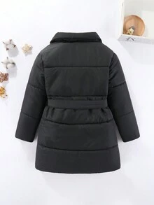 SHEIN 小女孩秋冬中長保暖外套休閒收腰套裝設計新款到貨 - 黑色 - 查看 2