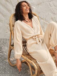 Bohemela Solid Color V-neck Lantern Sleeve Jumpsuit With Waist Belt - White - View 2