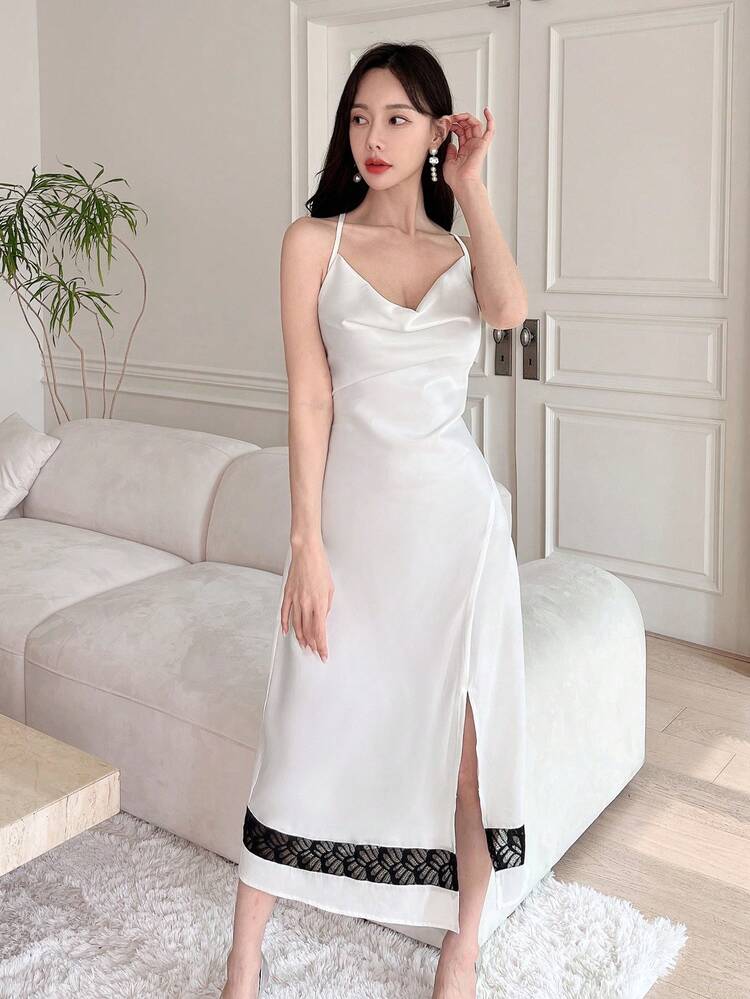 Contrast Lace Draped Collar Slit Thigh Cami Dress