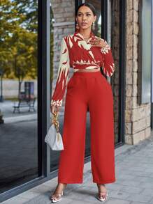 SHEIN Slayr Graphic Print Cross Wrap Tie Back Crop Blouse & Pants - Red - View 4