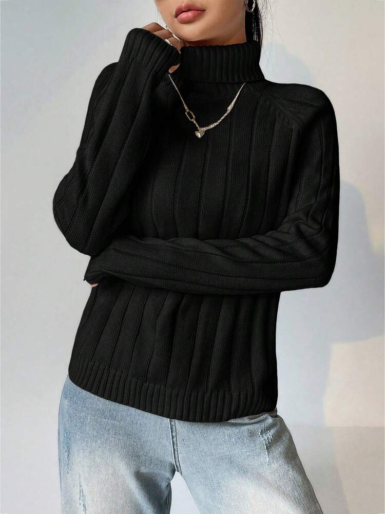 Turtleneck Raglan Sleeve Ribbed Knit Sweater,Long Sleeve Tops Knit Pullover Fall Winter Sweater