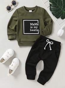 Baby Boy Slogan Graphic Pullover & Tie Waist Sweatpants
