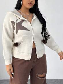 SHEIN EZwear Hơn Hình sao Thả vai Chi tiết Pompom Dây rút áo có mũ Áo len Mở - Màu be - Xem 4