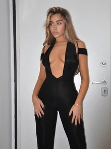 SHEIN ICON Deep V-neck Halter Skinny Jumpsuit - Black - View 3