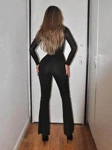 SHEIN ICON Summer Contrast Mesh Flare Leg Black Pants - Black - View 2