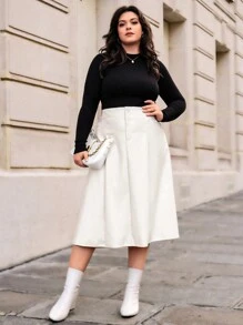 SHEIN Privé Plus High Waist PU Leather Skirt - Beige - View 3