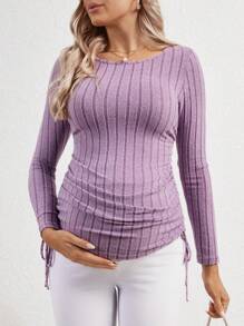 SHEIN Maternity Drawstring Side Ribbed Knit Tee - Purple - View 1