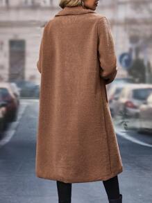 SHEIN Unity Flap Pocket Drop Shoulder Teddy Coat - Mocha Brown - View 3