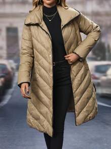 SHEIN Unity Contrast Binding Slant Pockets Belted Down&Feathers Coat - Khaki - View 5