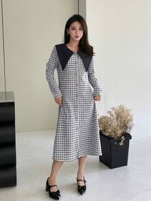 Dazy Star 女士格紋彼得潘領長袖連衣裙