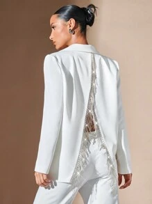 SHEIN BAE Áo khoác vest nữ màu trắng đính kim cương dự tiệc cho đêm giao thừa - trắng - Xem 4