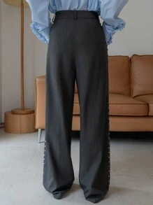 Dazy Designer Của phụ nữ quần ống rộng Quần tây Với Nghiên cứu Đồ trang trí - Xám - Xem 2