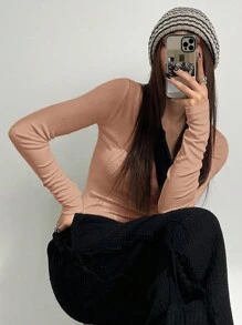 DAZY Solid Color Button Placket Half-Sleeve Cropped T-Shirt,Fall Clothes Long Sleeve Women Tops