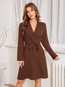 SHEIN Privé Solid Belted Wrap Dress - Coffee Brown - View 4