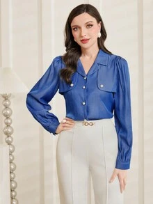 Modelyn 鬆釦領扣前優雅襯衫 - 藍色 - 查看 3