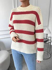 Flirla Striped Pattern Drop Shoulder Sweater Knit Pullover Fall Winter Outfit