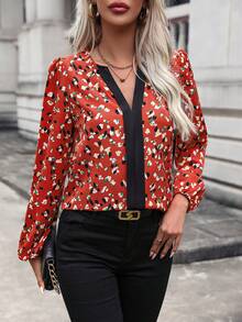 SHEIN Clasi Printed Notched Collar Shirt - Red - View 6