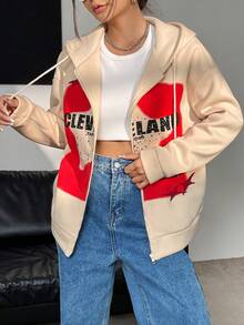 SHEIN Unity Đồ họa Chữ cái Dây kéo Dây rút Hoodie - Màu be - Xem 3