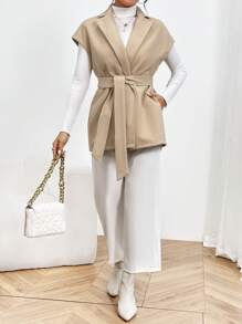 SHEIN Privé Cổ áo Thắt lưng Áo khoác vest - Màu Khaki - Xem 5