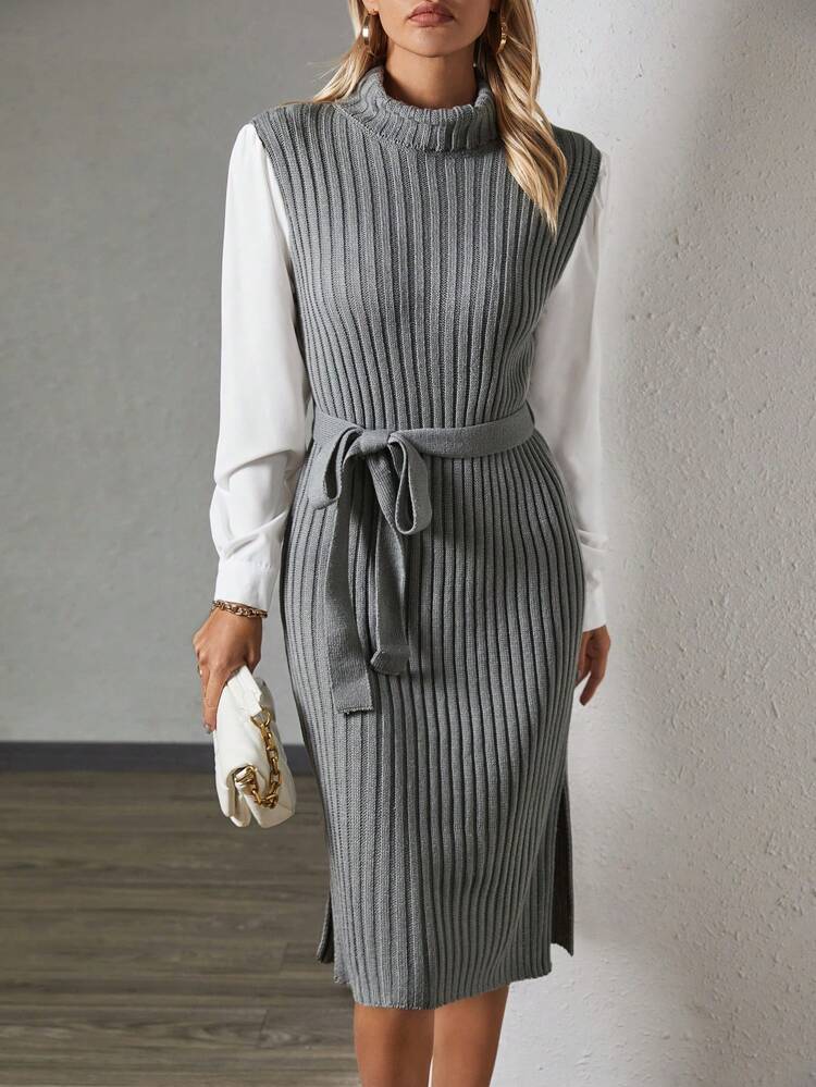 Colorblock Turtleneck Belted Sweater Dress