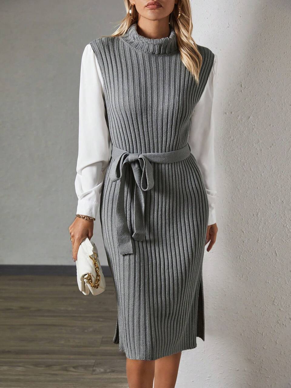 Colorblock Turtleneck Belted Sweater Dress