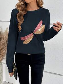 SHEIN LUNE con chuồn chuồn Mẫu Tương phản Sequin Áo len - Xanh đậm - Xem 3