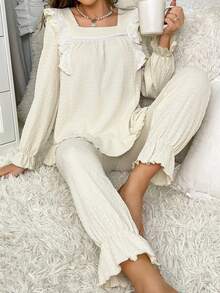Ruffle Trim Flounce Sleeve PJ Set / Pajama Set - Apricot - View 3
