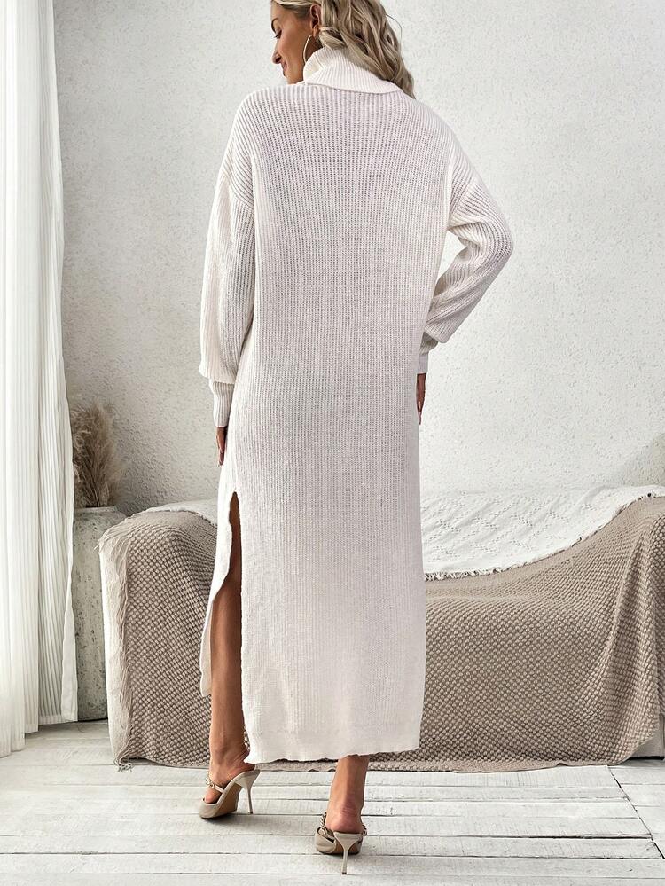 Turtleneck Drop Shoulder Split Thigh Sweater Dress Without Belt Fall Cloth For Women