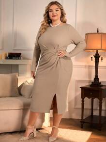 SHEIN Clasi Plus Twist Front Split Thigh Dress Long Sleeve Midi Dresselegant Dress Long Sleeveplus Size Bodycon Dressshein Curve Dress - Khaki - View 6