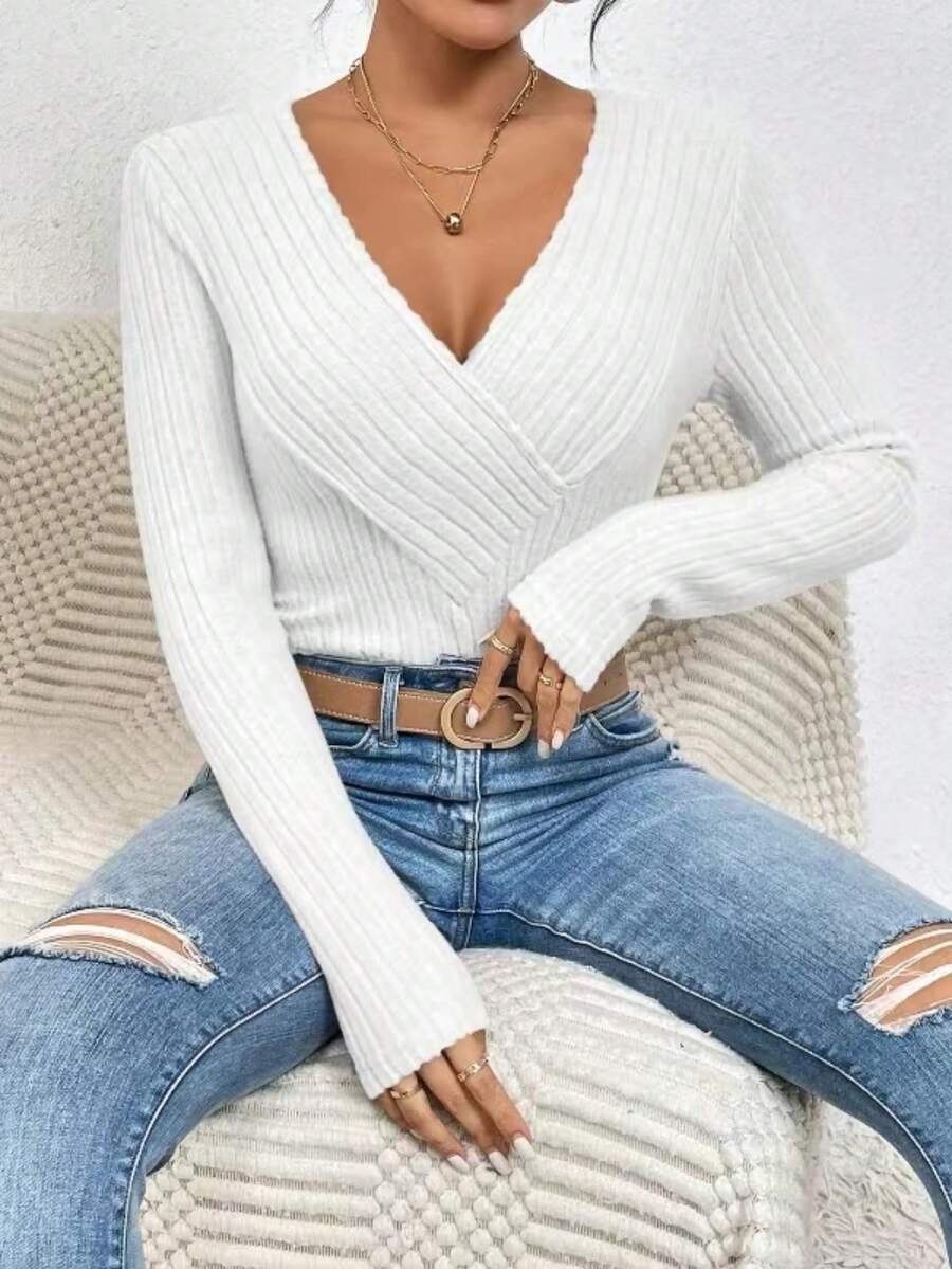 SHEIN Frenchy Body De Canalé Con Cuello Cruzado Para Mujer - Blanco - Ver 1