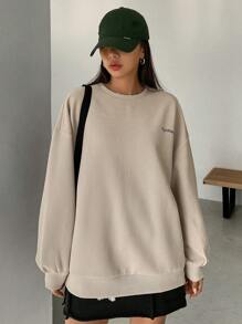 Dazy Star Đồ họa Chữ cái Thả vai Áo nỉ - Màu Khaki - Xem 2