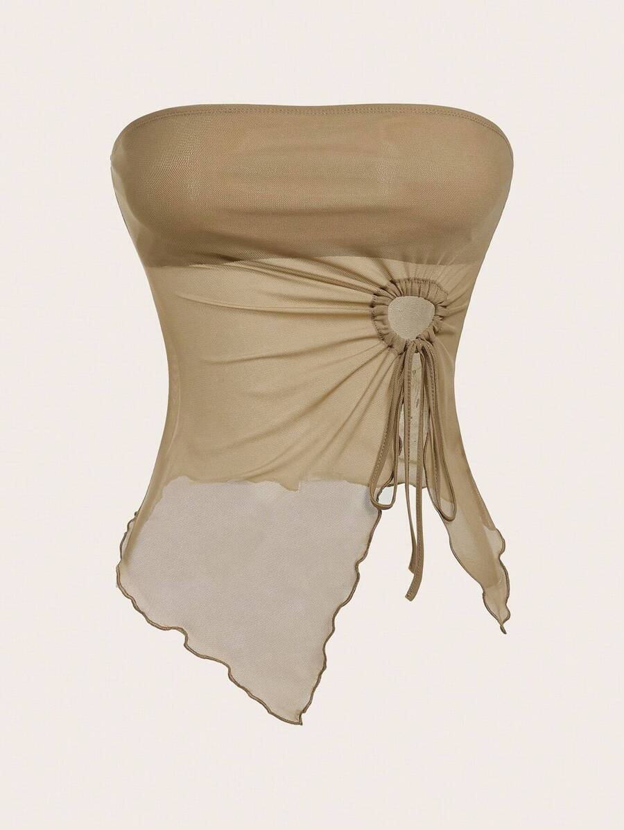 SHEIN ICON Drawstring Front Lettuce Trim Split Hem Tube Top - Khaki - View 1