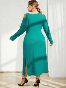 SHEIN Privé Plus Size Asymmetric Neckline Cut-out Dress - Green - View 2