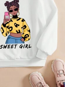 SHEIN 適合秋冬季女童休閒卡通圖案長袖圓領衛衣 - 白色 - 查看 6