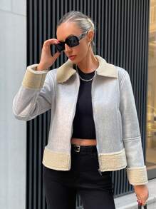 EURMUSE Women's Patchwork Fabric Zipper Closure Jacket With Diagonal Pockets - Silver - View 1