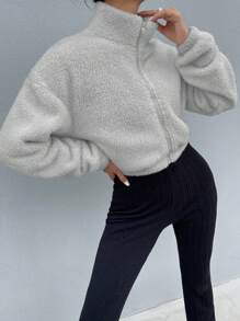 SHEIN Unity 毛絨超甜蜜的少女心加厚個性外套 - 灰色 - 查看 6