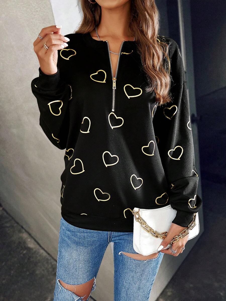 SHEIN LUNE 愛心圖案半拉鏈落肩袖運動衫 - 黑色 - 查看 1