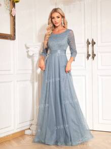 XUIBOL Contrast Lace Mesh Trim Bridesmaid Dress