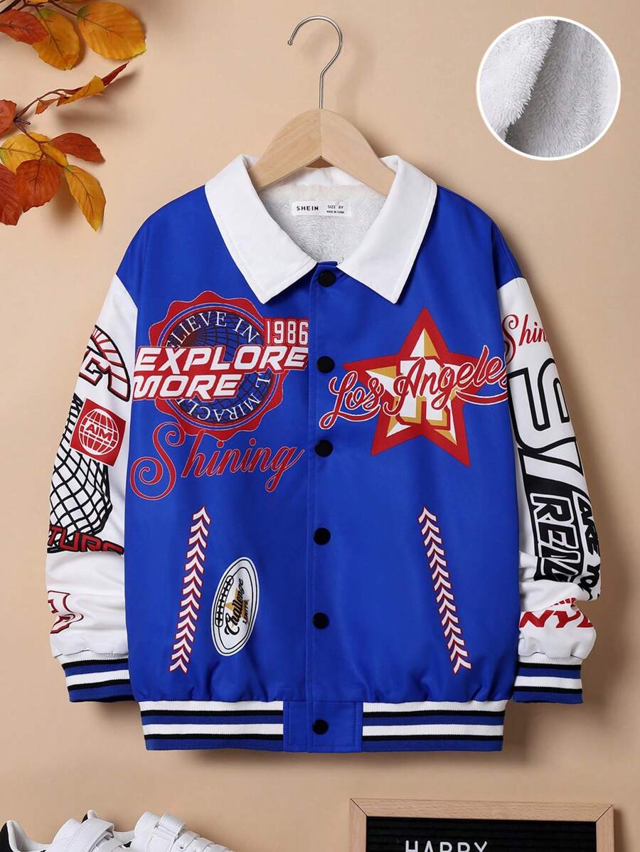 SHEIN Tween Boy Letter Graphic Contrast Collar Thermal Lined Jacket - Black - View 1