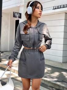 SHEIN Unity 翻蓋口袋抽繩連帽夾克&半身裙 - 灰色 - 查看 6