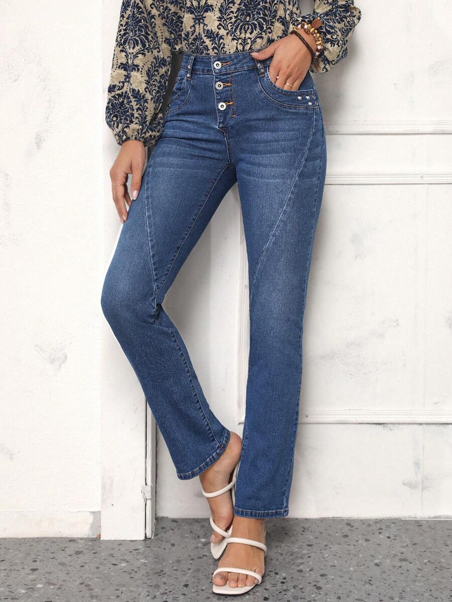 SHEIN LUNE Button Fly Jeans - Blue - View 1