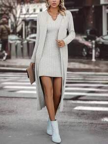 SHEIN Clasi Solid Tank Dress & Open Front Coat Without Belt - Grey - View 6