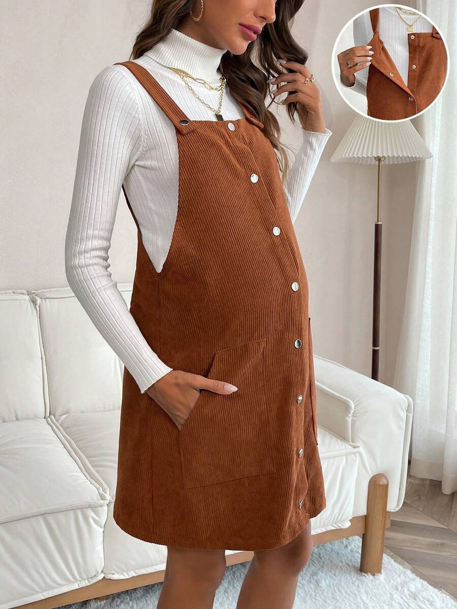 SHEIN Thai sản Mặt trước Nút Đầm Với Đường chéo Thiết kế túi ( Áo sơ mi ) - màu nâu - Xem 1